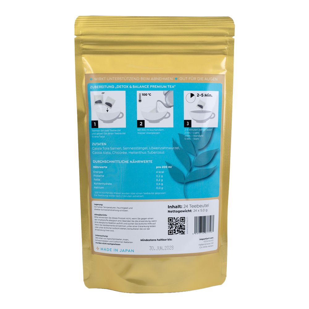 Rückseite der goldfarbenen Verpackung. Text und Illustrationen zur Zubereitung. Angaben zu Inhaltsstoffen und Nährwerten. QR-Code.