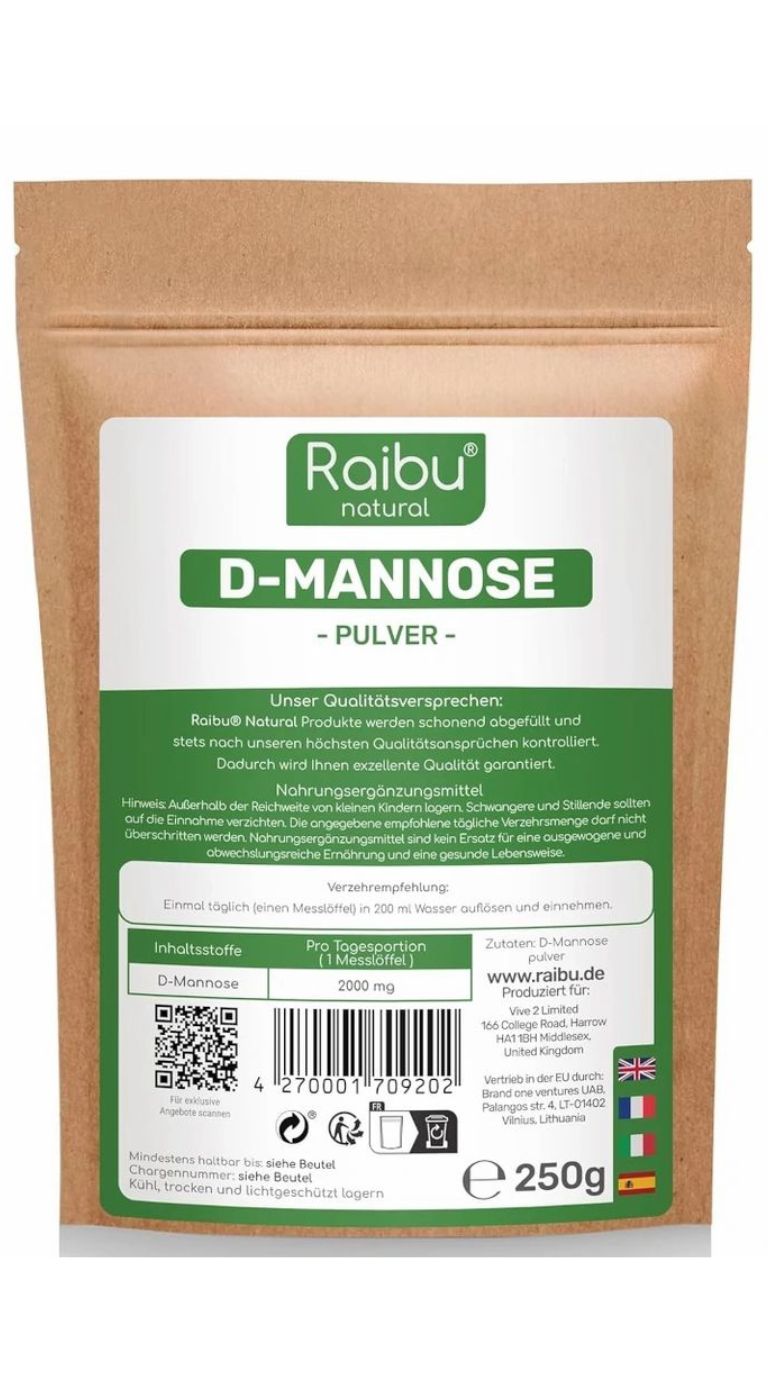 Beutel mit D-Mannose Pulver, 250g. Marke Raibu Natural. Grüne Etikett mit Produktinformationen und Nährwertangaben.