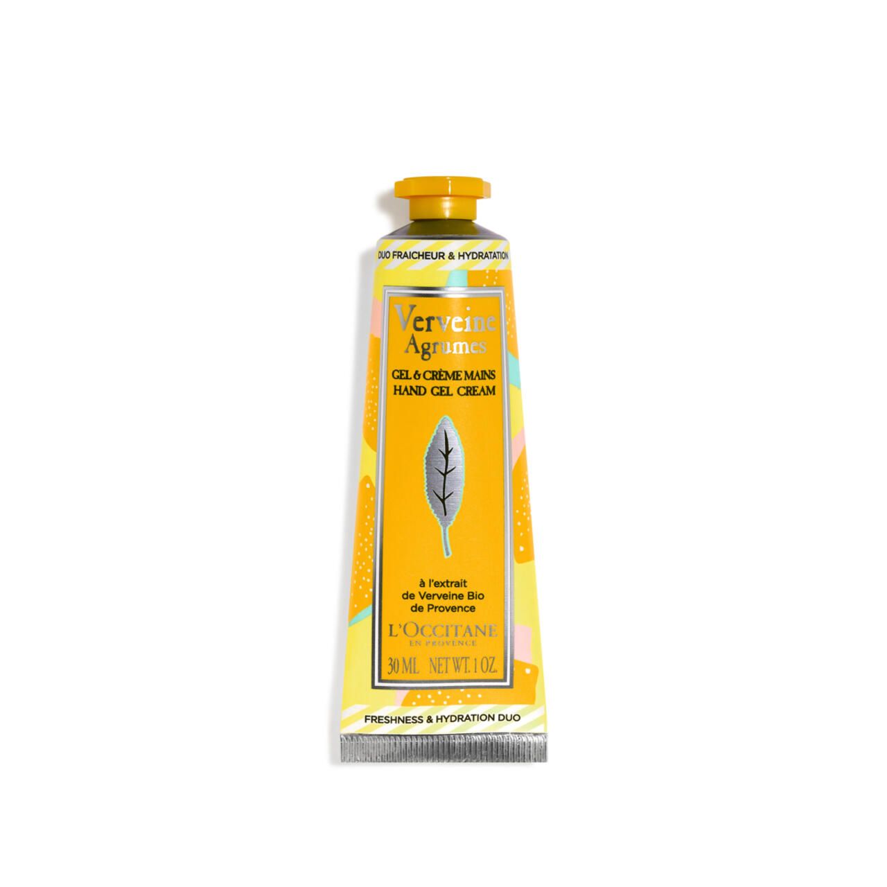Gel-Creme-Tube für Hände. Gelbe Tube mit Aufschrift "Verveine Agrume" und "L'Occitane".