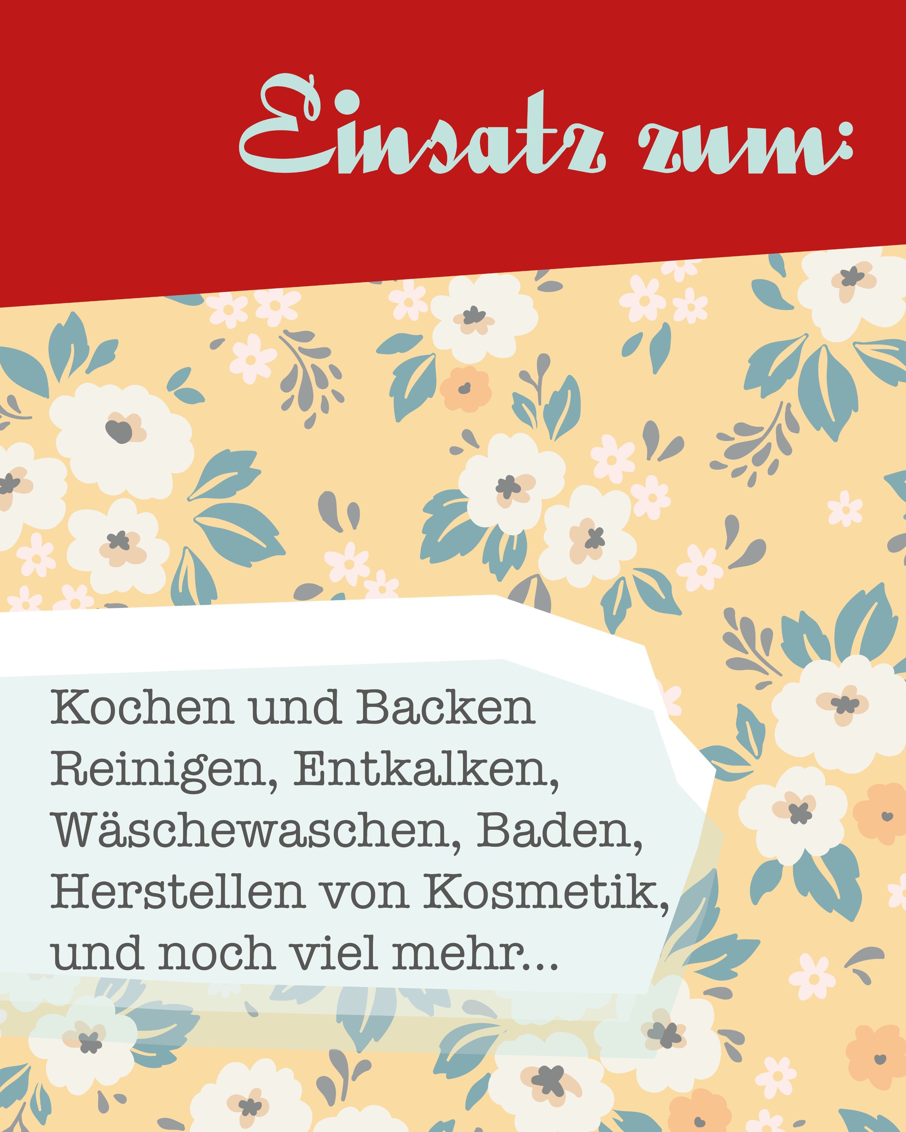 Blumenmuster mit Text über Einsatzmöglichkeiten von Natron: Kochen, Backen, Reinigen.