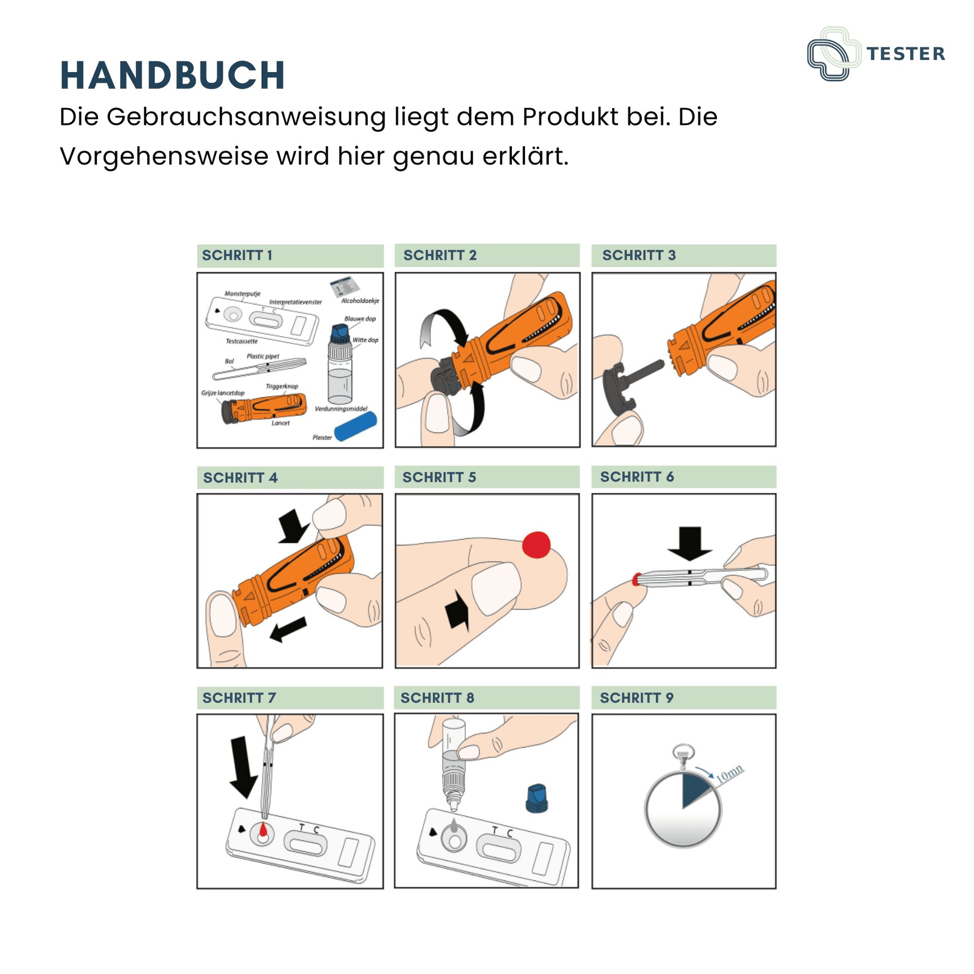 Anleitung für den Leberfunktionstest mit 9 illustrierten Schritten zur Anwendung.