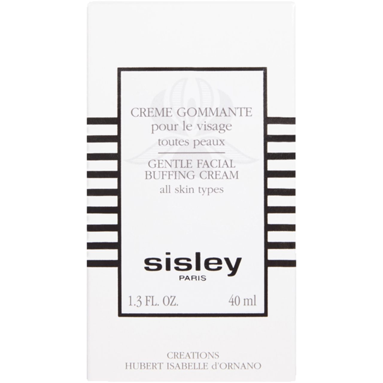 Creme Gommante pour le Visage. Kartonverpackung. Sisley-Logo. Text: Gentle Facial Buffing Cream. Für alle Hauttypen. Weiß und schwarz.