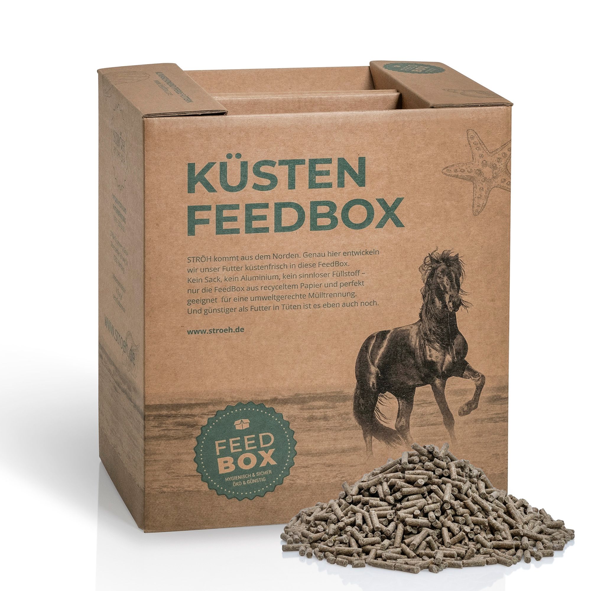Kartonbox mit Aufdruck. Text: KÜSTEN FEEDBOX. Abbildung eines Pferdes. Haufen Pellets davor.