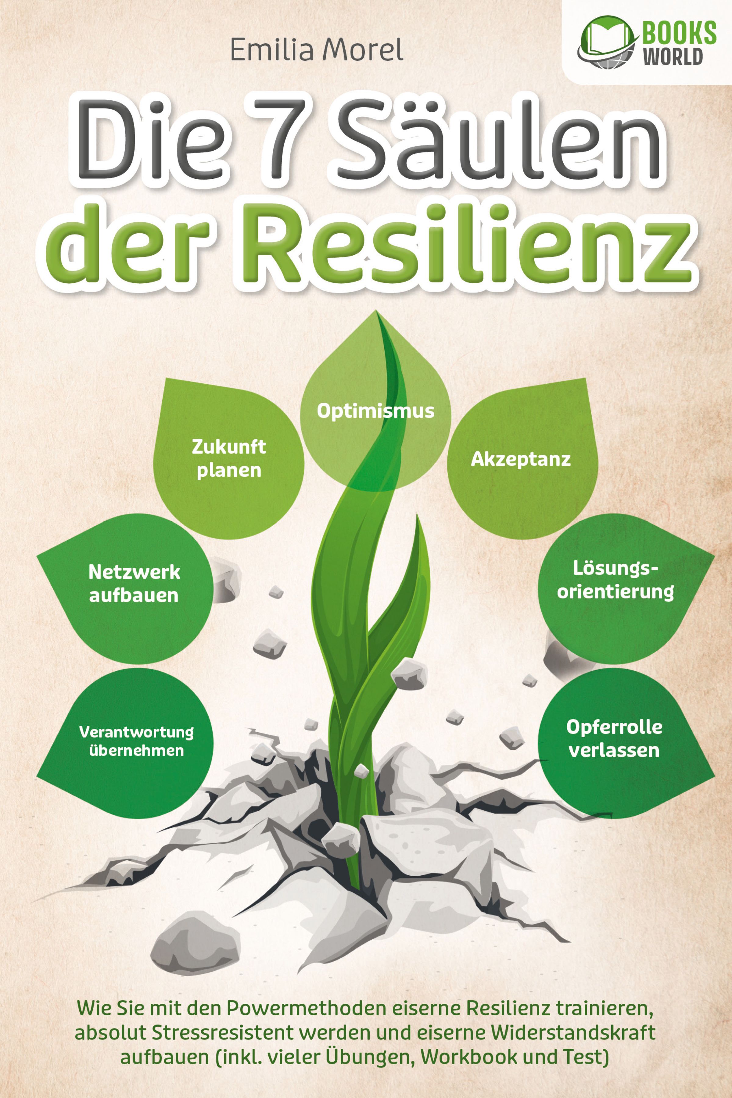 Buchcover: "Die 7 Säulen der Resilienz". Titel in Grün und Grau. Illustration: Pflanze wächst aus Steinen. Logos und Text.