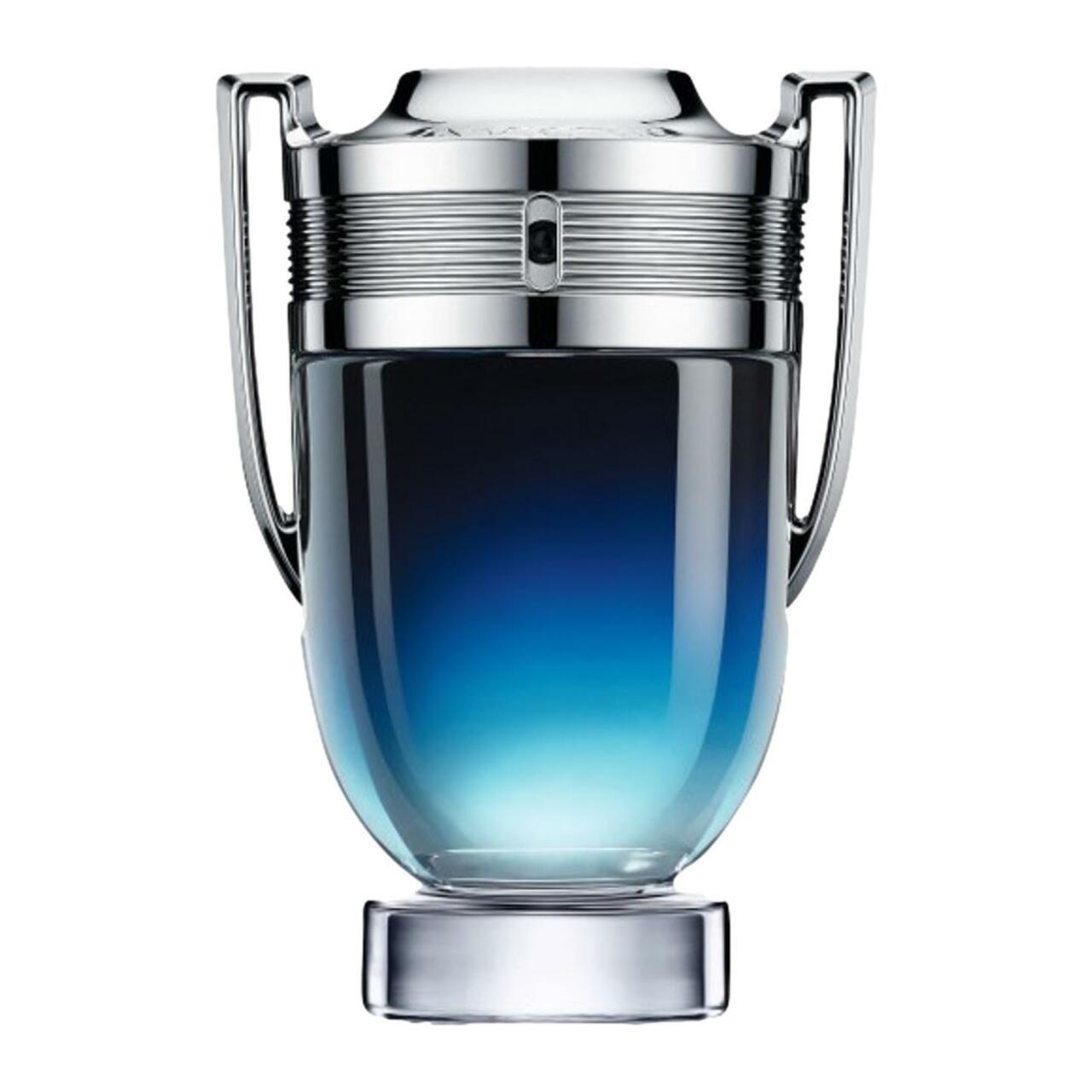 Parfümflakon mit silbernen Details und blauem Farbverlauf. Glasflakon mit silbernen Griffen und Verschluss.
