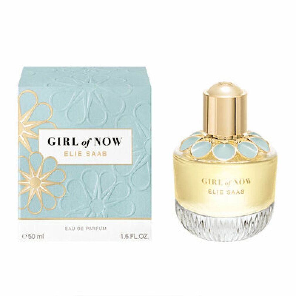 Elie Saab Girl of Now Eau de Parfum 50ml Flakon und Box mit hellblauem Blumenmuster.