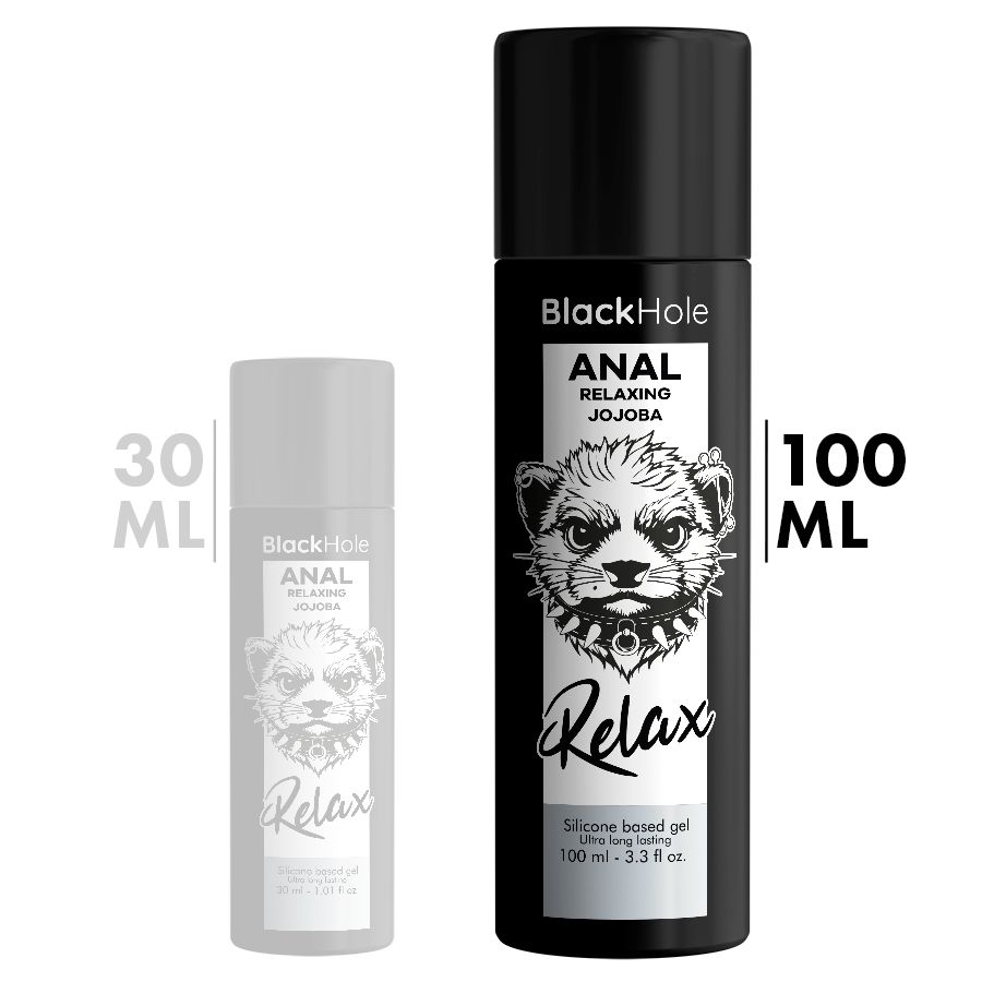 Zwei Flaschen BlackHole Anal Relaxing Jojoba Gleitmittel, 30 ml und 100 ml.