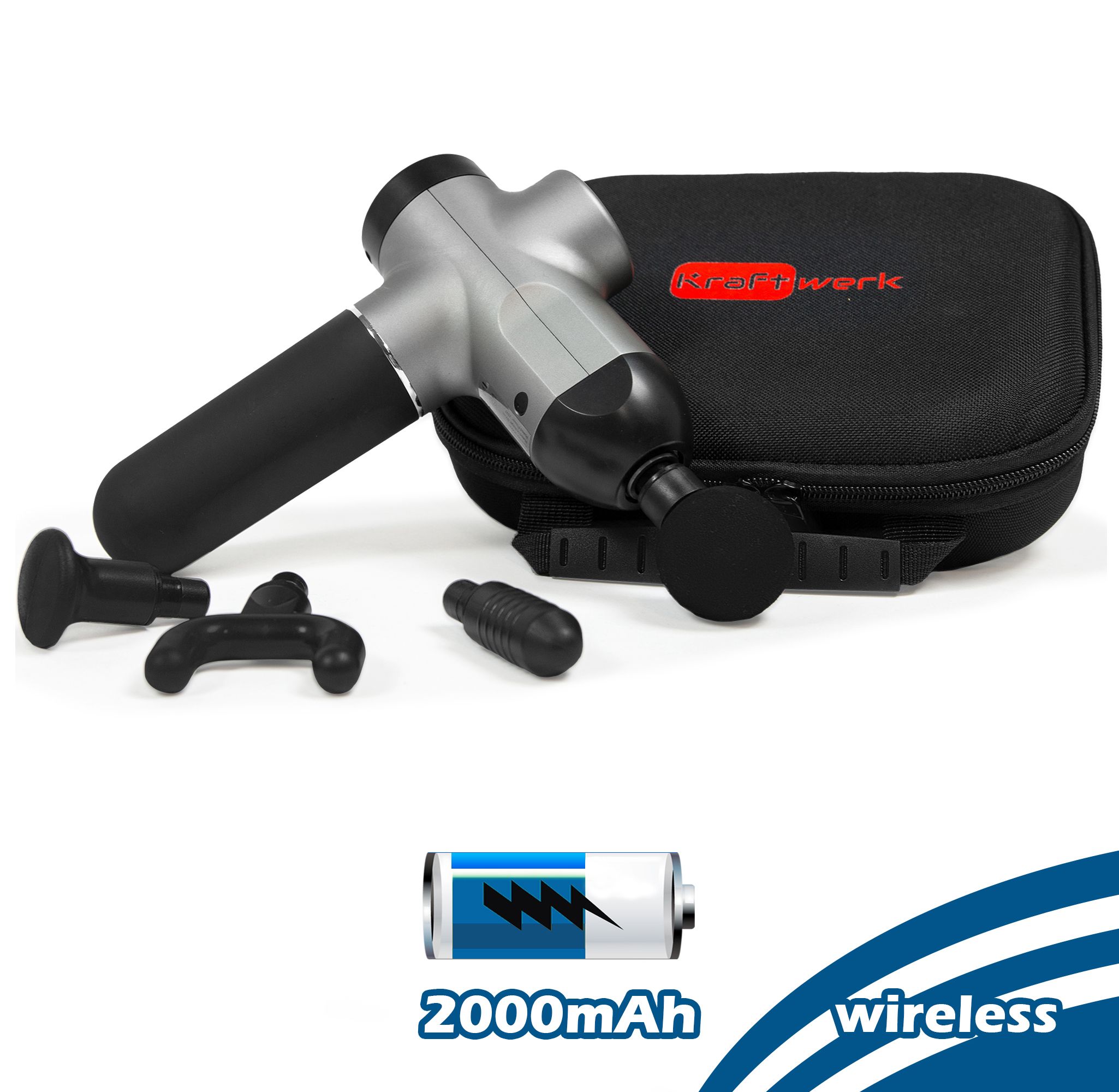 Massagepistole mit Zubehör und Tragetasche. Schwarze Tasche mit rotem Logo. Akku-Symbol mit Text: 2000mAh wireless.