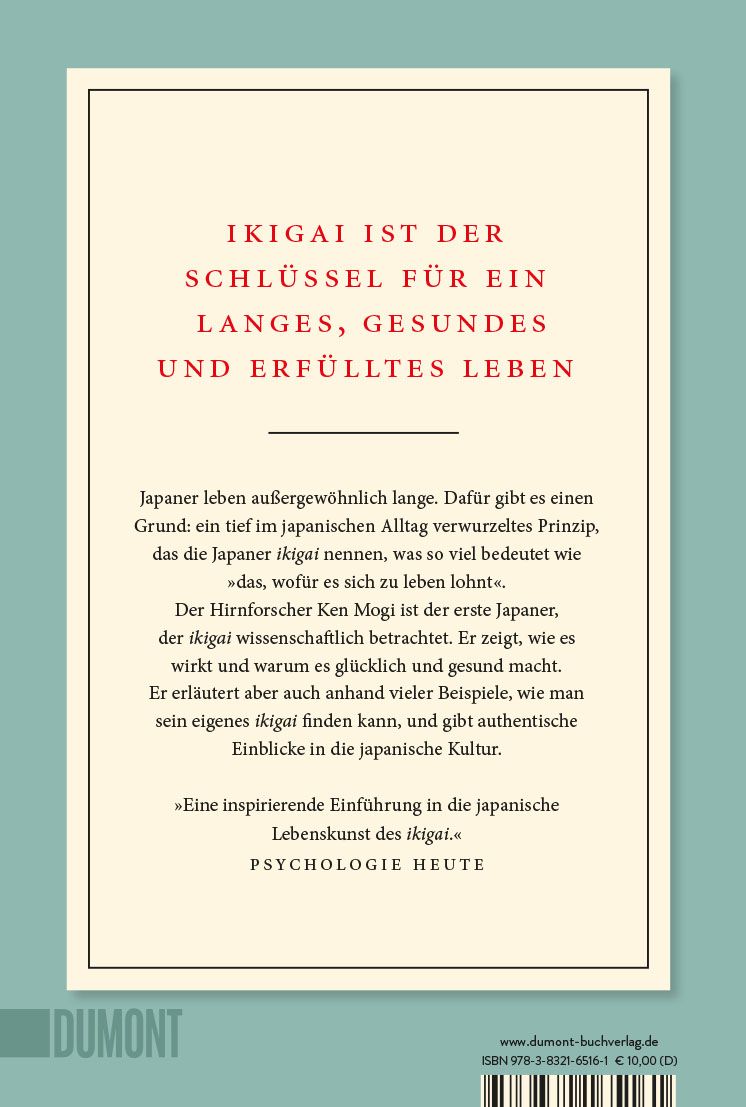 Buchrückseite "Ikigai". Text in roter Schrift. Verlag Dumont.