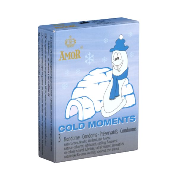 Kondom-Packung mit Schneemann-Illustration. Text: AMOR, COLD MOMENTS, 3 Kondome. Naturfarben, feucht, kühlend, mit Aroma.