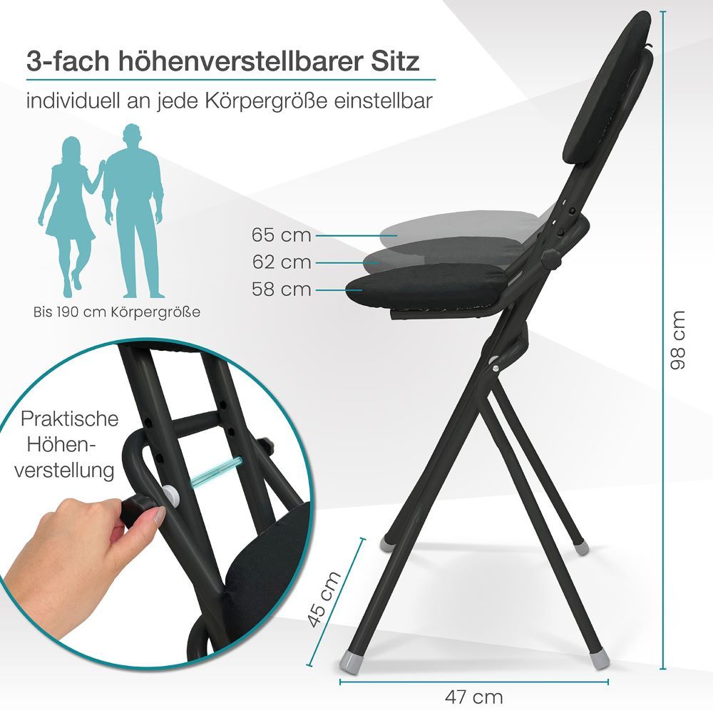 Seitenansicht der Sitzhilfe. Höhenverstellbar: 65, 62, 58 cm. Maße: 45x47x98 cm. Text: "3-fach höhenverstellbarer Sitz".