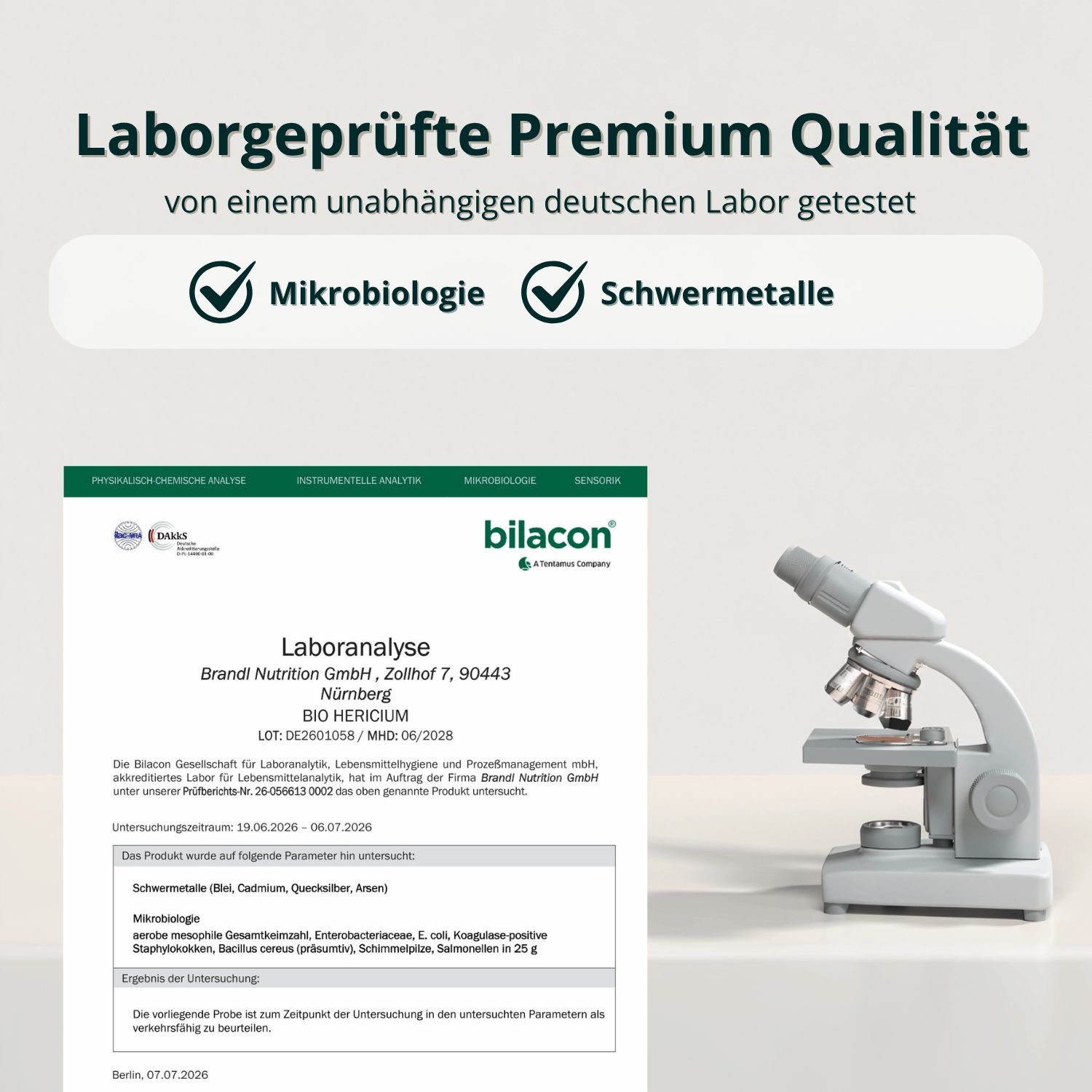 Laboranalyse von brandl® Bio Hericium: Mikrobiologie, Schwermetalle, Unabhängig geprüft.