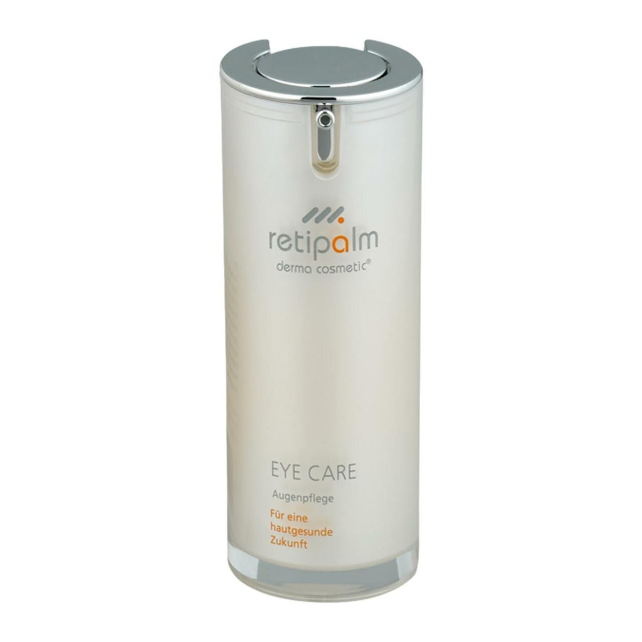 Zylindrische Flasche mit silbernem Deckel. Aufschrift: Retipalm, Eye Care, Augenpflege. Untertitel in Orange.