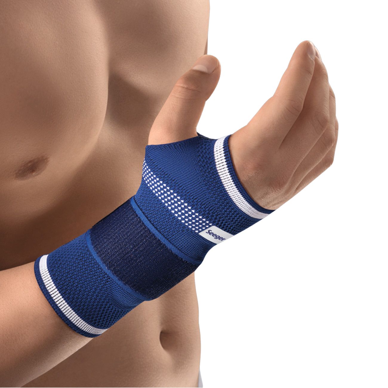 Blau-weiße Handgelenkbandage am Handgelenk. Marke Seeger. Elastisches Material mit weißen Streifen und Punkten.