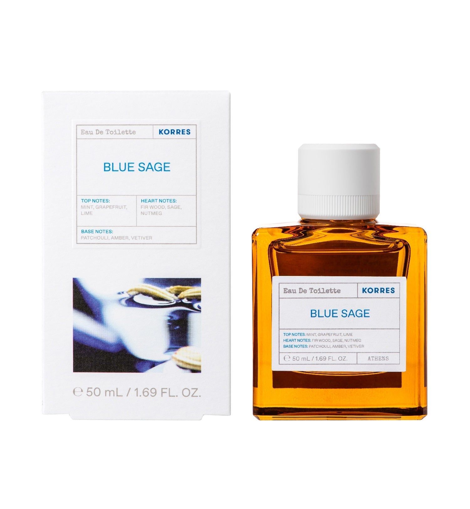 KORRES Blue Sage Eau de Toilette. Flakon und Verpackung. Weißes Etikett mit Produktinformationen. 50 ml.