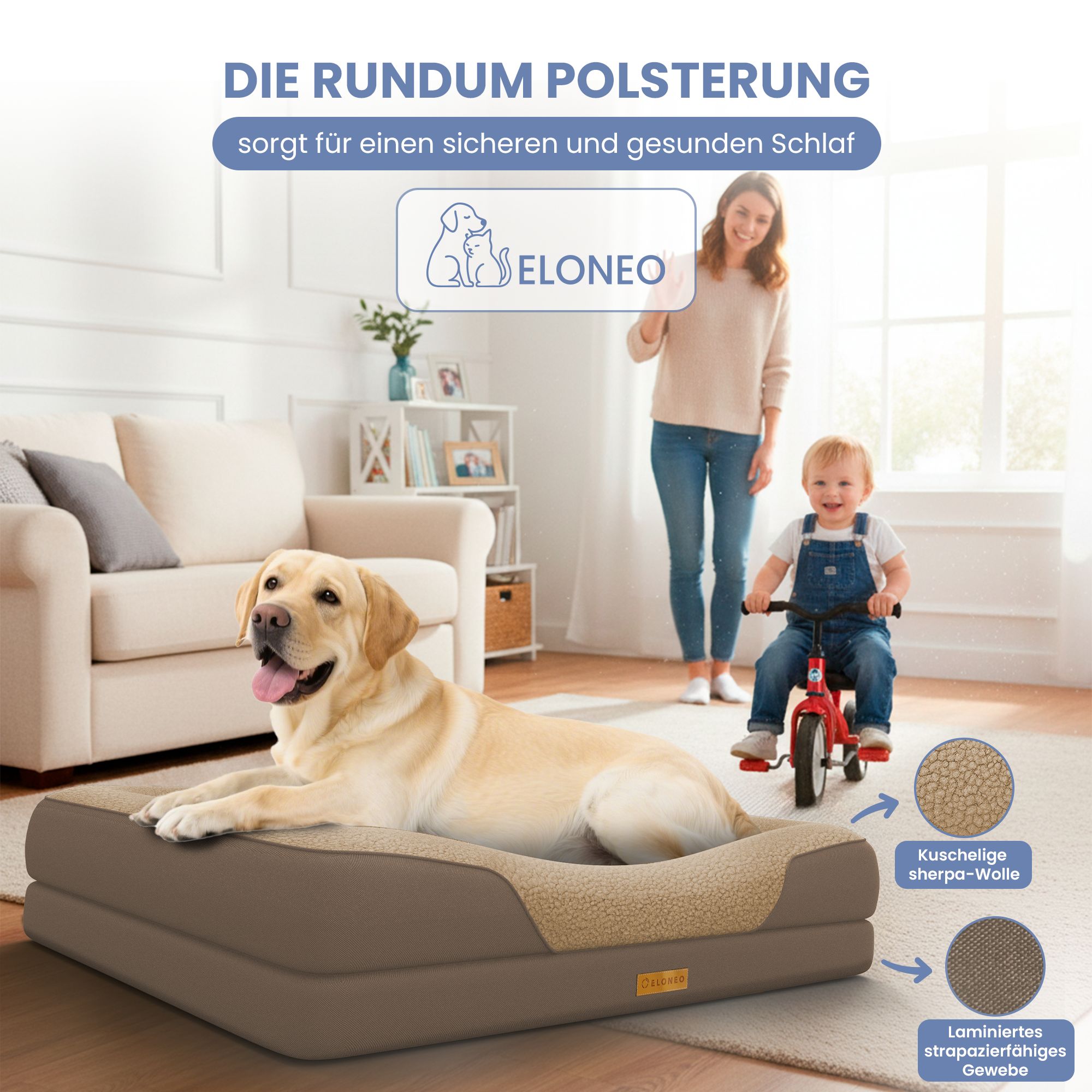 Hundebett, braun. Hund liegt im Wohnzimmer. Frau und Kind im Hintergrund. Logo und Text.