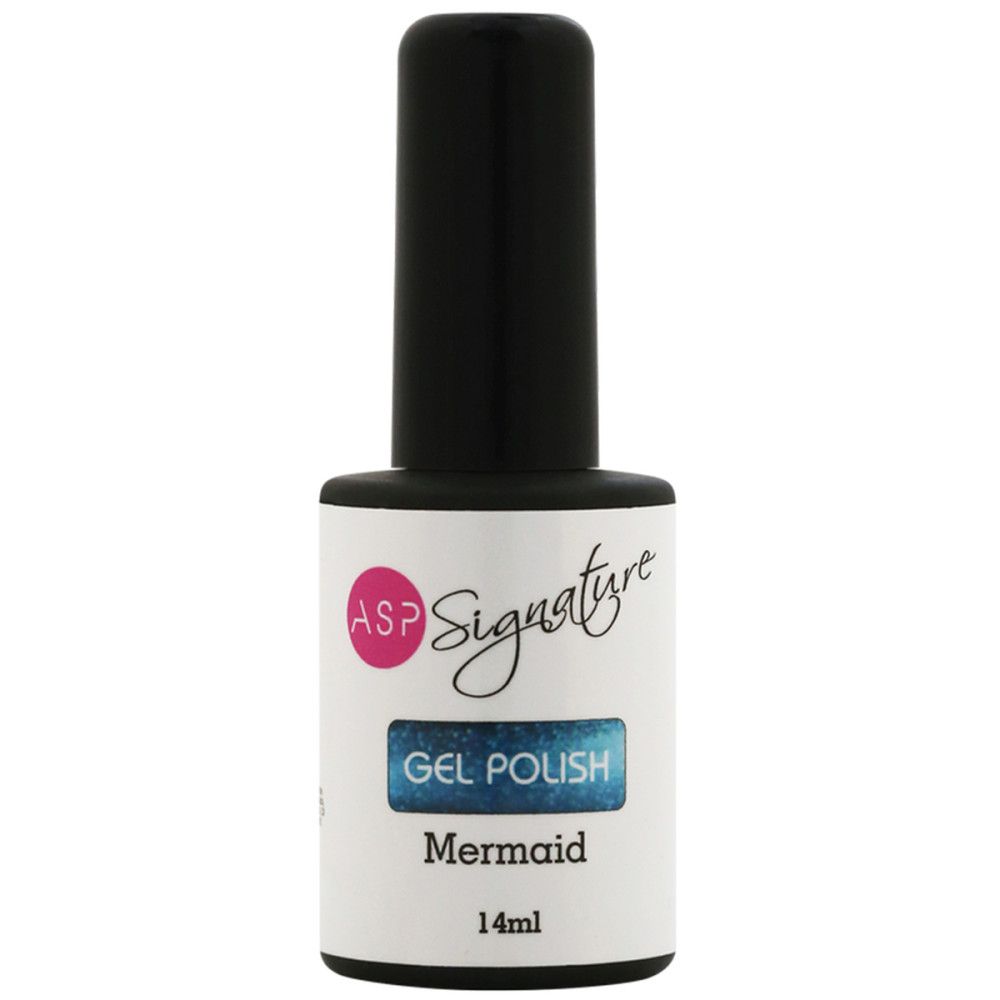 Nagellackflasche mit schwarzem Deckel. Etikett mit ASP Signature Gel Polish, Farbe Mermaid, 14ml.