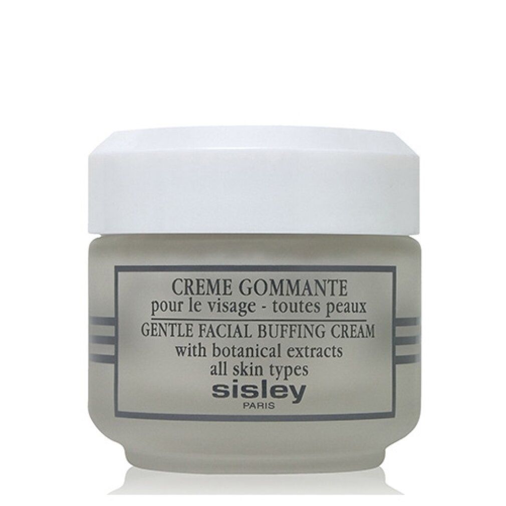 Creme Gommante pour le Visage-Tiegel. Weißer Deckel, graues Etikett mit Text. Sisley-Logo.