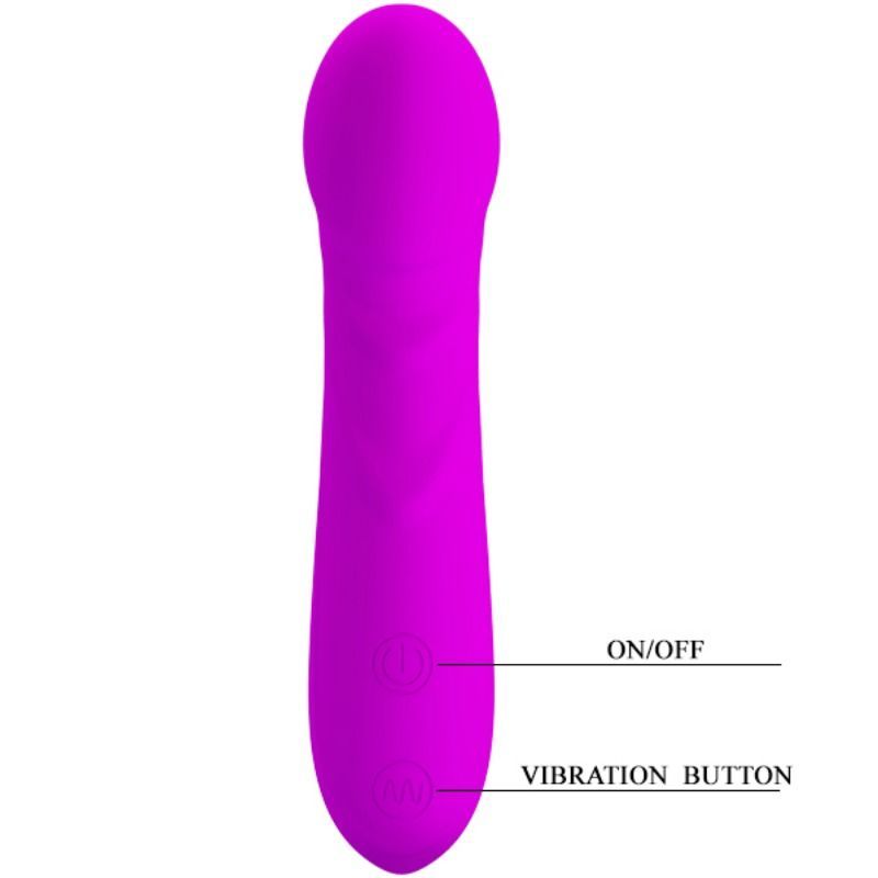 Lila Vibrator mit ovalem Kopf. Beschriftung: ON/OFF und Vibration Button.