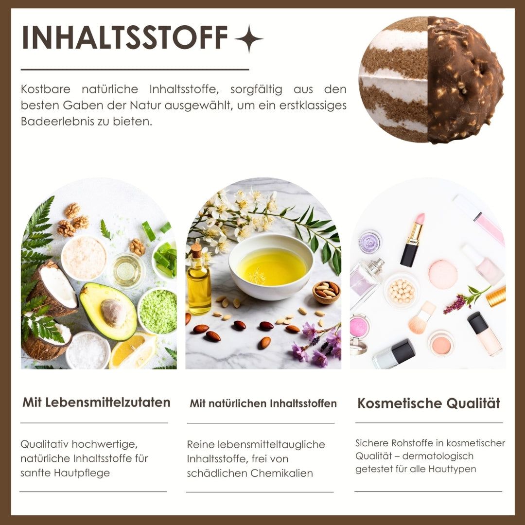 Inhaltsstoffe: Kokosnuss, Avocado, Mandel, Zitrone. Logos: Mit Lebensmittelinhaltsstoffen, Mit natürlichen Inhaltsstoffen, Kosmetische Qualität.