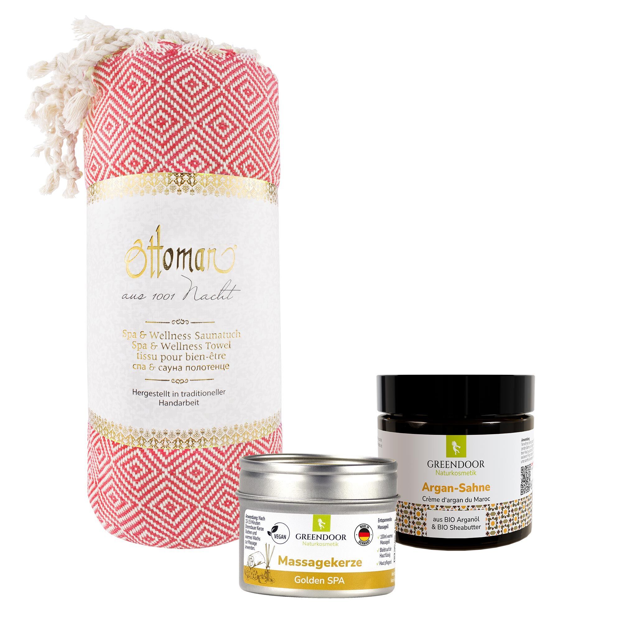GREENDOOR Hamam Set mit Massagakerze und Argan-Sahne. Handgefertigtes Spa & Wellness Handtuch.