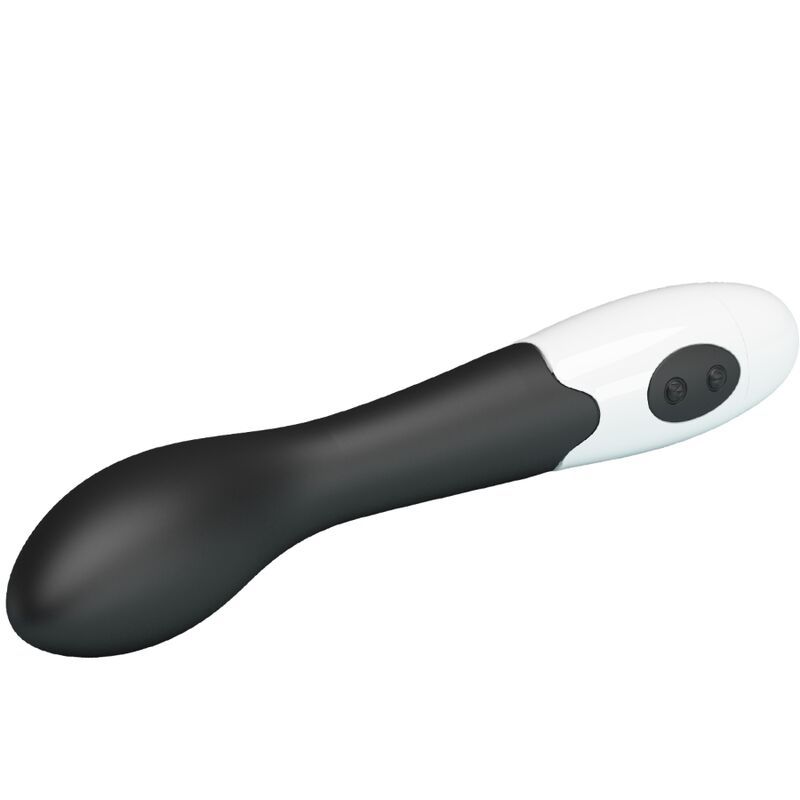 Schwarz-weißer Vibrator mit gebogener Form. Zwei Knöpfe an der Basis.