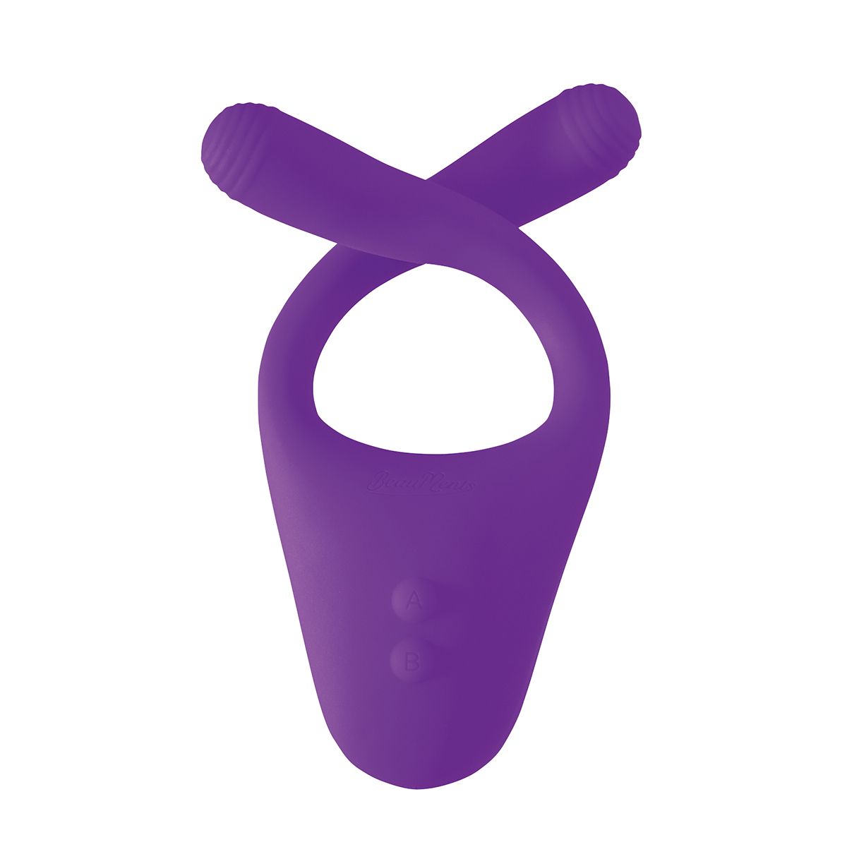 Lila Produkt mit U-Form. Zwei abgerundete Spitzen, gekreuzt. Zwei Knöpfe am unteren Ende.