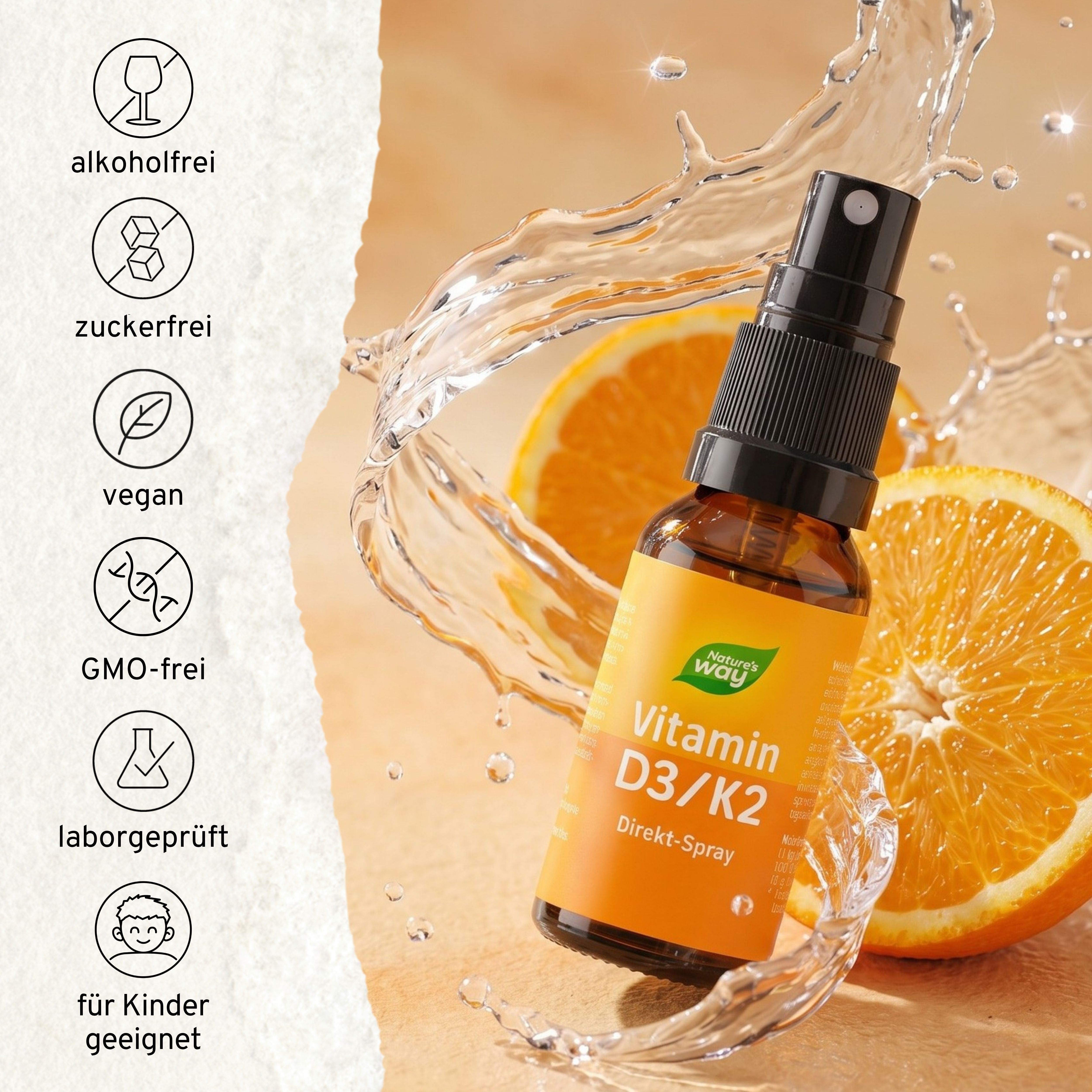 Vitamin D3/K2 Direkt-Spray mit Icons für alkoholfrei, zuckerfrei, vegan, GMO-frei und laborgeprüft.
