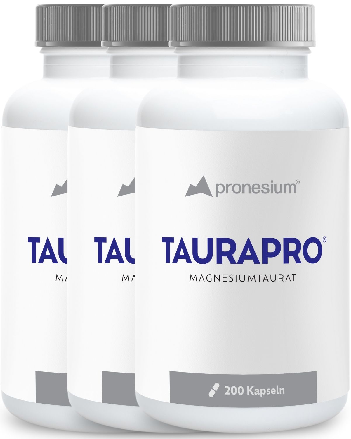 Drei weiße Flaschen mit grauen Deckeln. Auf jeder Flasche steht "TAURAPRO" und "Magnesiumtaurat".