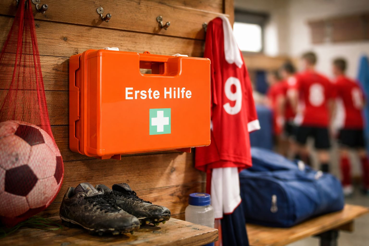Orange Erste-Hilfe-Koffer an Wand. Text: Erste Hilfe. Umgebung: Fußball, Schuhe, Kleidung.