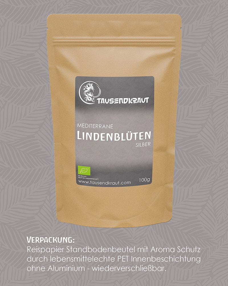 Braune Standbodenbeutel mit Etikett. Text: Mediterrane Lindenblüten Silber. Logo: Tausendkraut. 100g. Bio-Siegel.