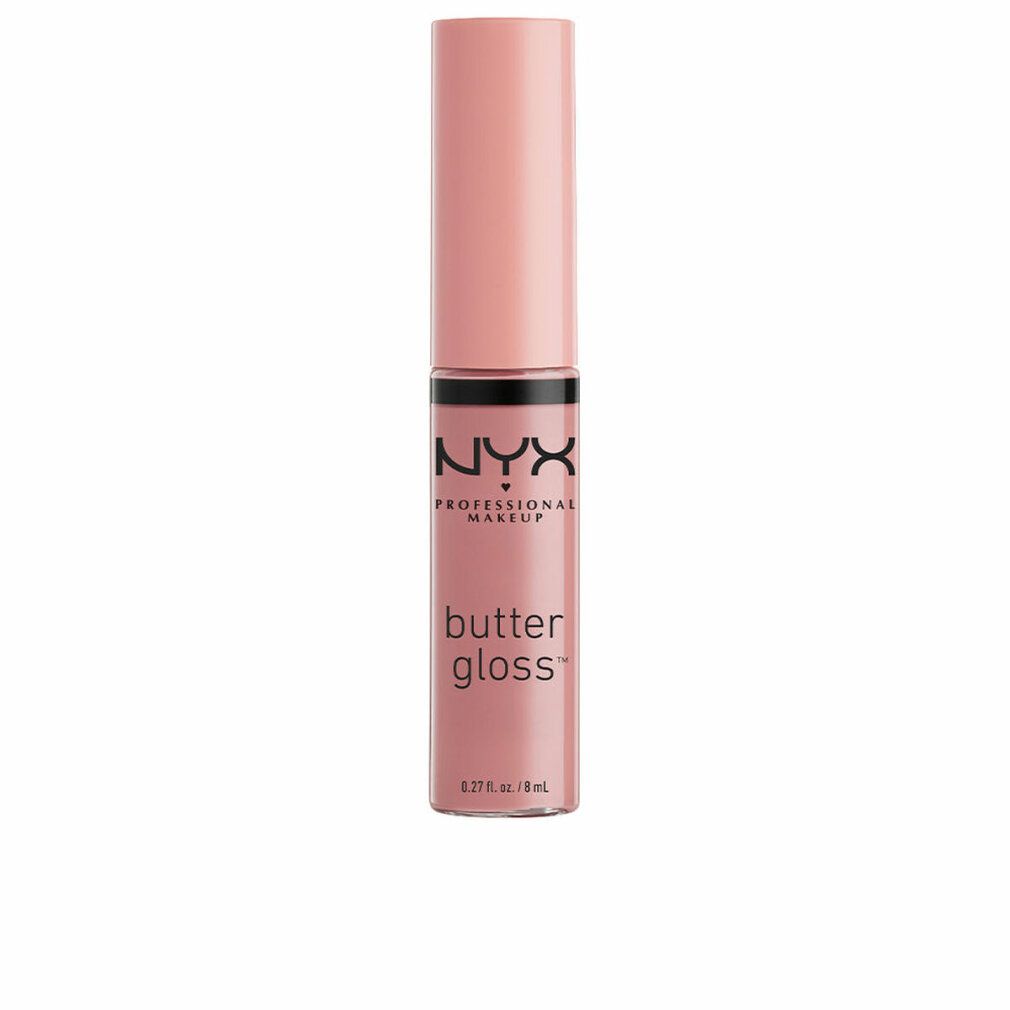 NYX Butter Gloss, rosa. Geschlossene Flasche. Aufschrift: Butter Gloss, 8 ml.