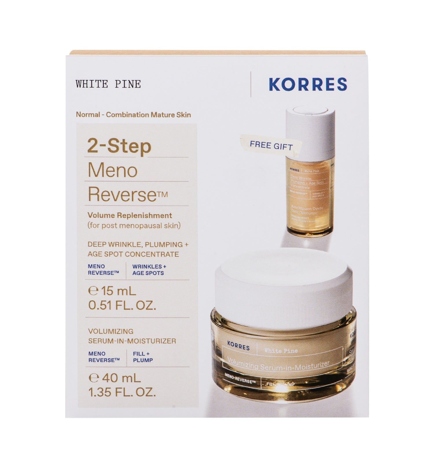 KORRES White Pine 2 Step Set Meno Reverse. Verpackung mit zwei Tiegeln und einer Flasche. Aufschrift: Serum-in-Moisturizer, 40 ml.