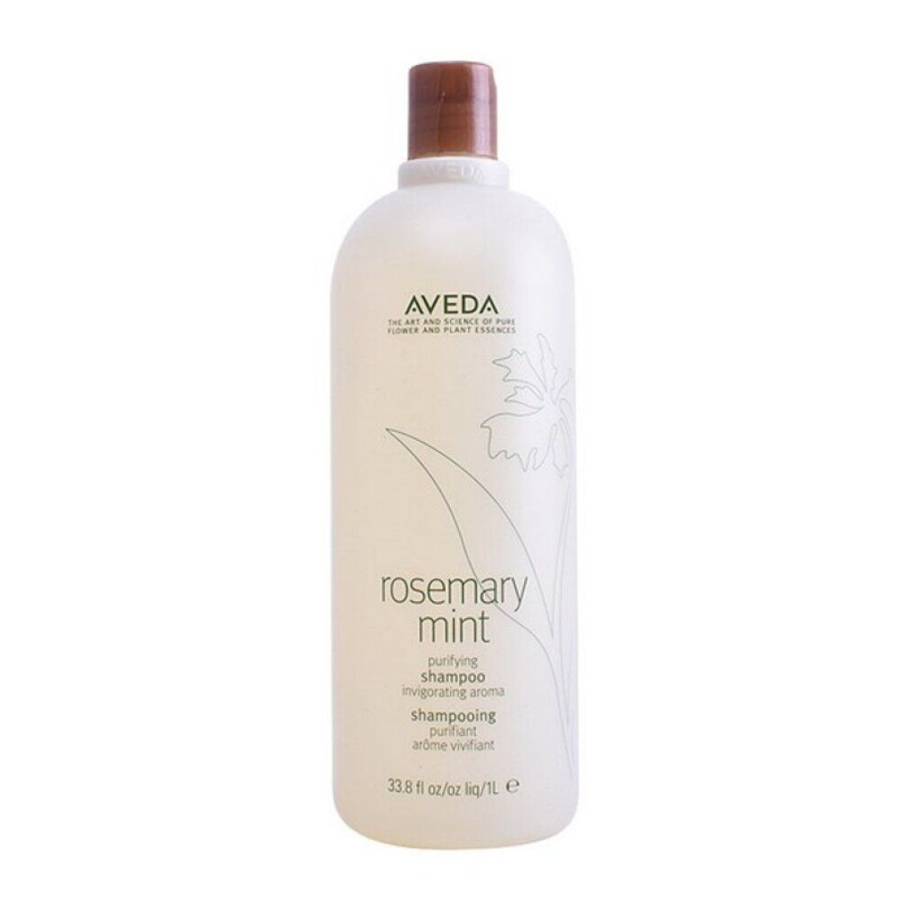Aveda Shampoo-Flasche. Weißes, zylindrisches Design mit braunem Deckel. Aufschrift: Rosemary Mint, reinigendes Shampoo. Logo und floraler Aufdruck.
