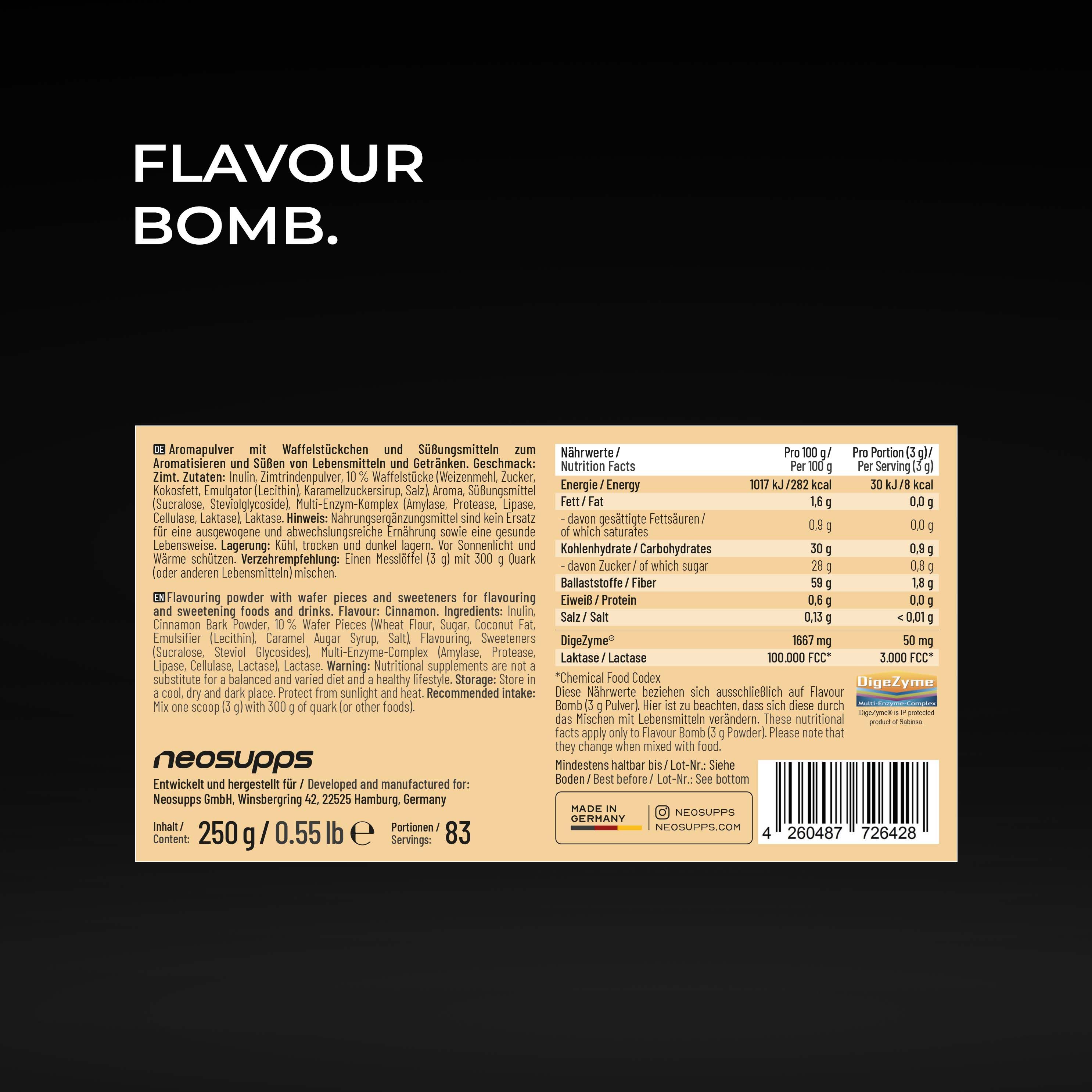 Neosupps Flavour Bomb Zimt Flakes Nährwertangaben und Inhaltsstoffe.