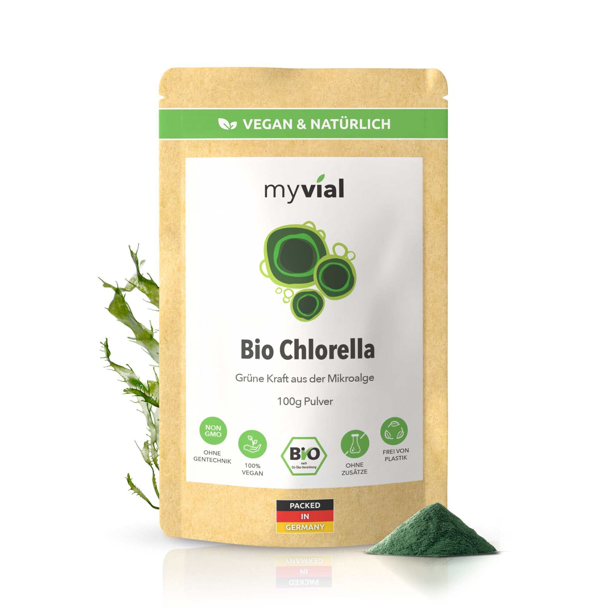 myvial® Bio Chlorella Pulver - 100 g mit Eisen & B12 aufgebrochene Zellwand vegan