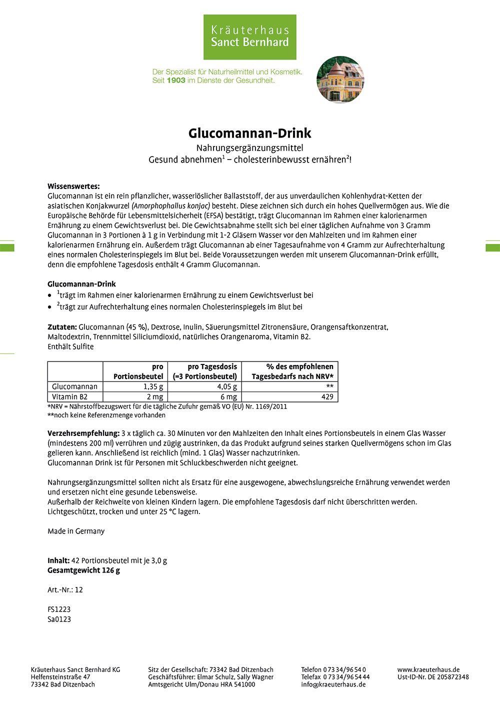 Sanct Bernhard Glucomannan-Drink 126 g Getränk