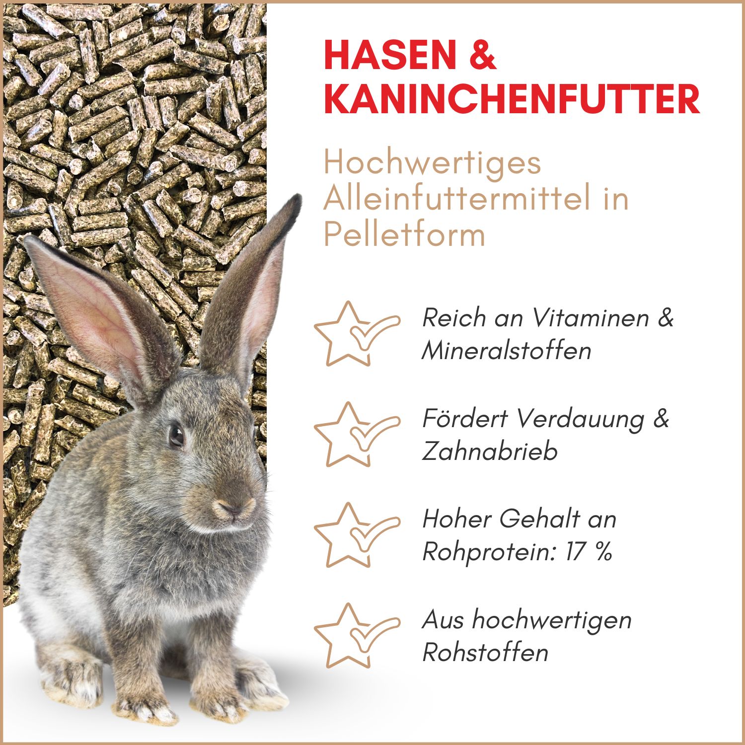 Kaninchenfutter in Pelletform. Abbildung eines Kaninchens neben Text mit Produktvorteilen: reich an Vitaminen, fördert Verdauung, hoher Proteingehalt.