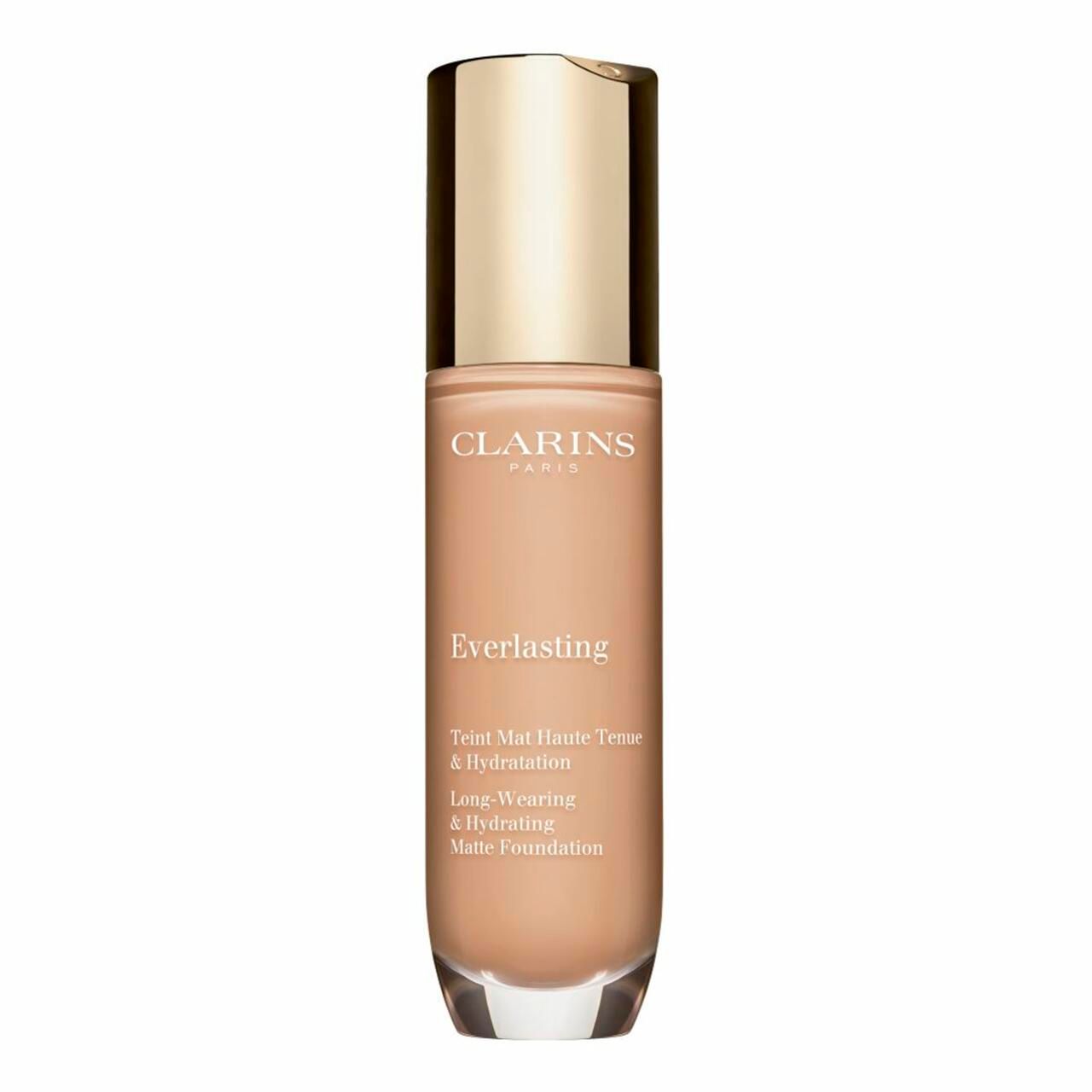 Clarins Everlasting Fluid Foundation. Flasche mit goldfarbenem Deckel. Aufschrift: Clarins, Everlasting, Long-Wearing & Hydrating Matte Foundation.