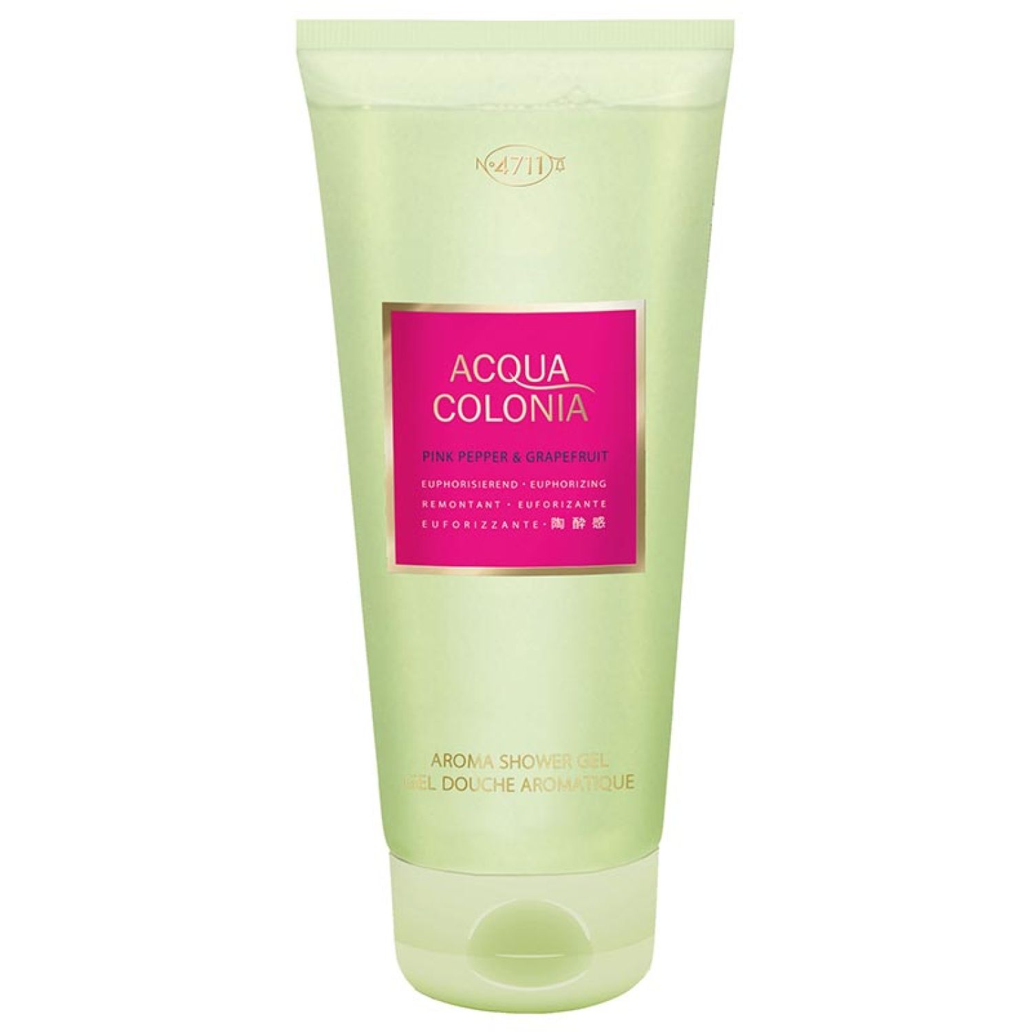 Aroma Shower Gel Tube. Pinkfarbener Schriftzug ACQUA COLONIA. Grünliche Tube mit hellem Deckel.
