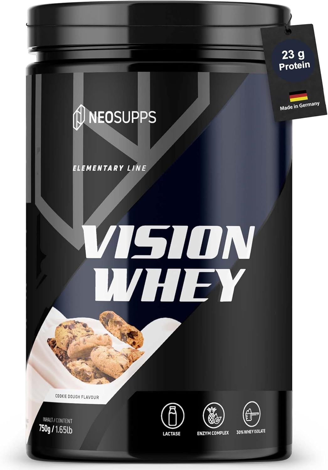Schwarze Dose "VISION WHEY" mit Aufdruck. Logo: Neosupps. Text: "Cookie Dough flavour". 750g/1.65lb. 23g Protein. Hergestellt in Deutschland.
