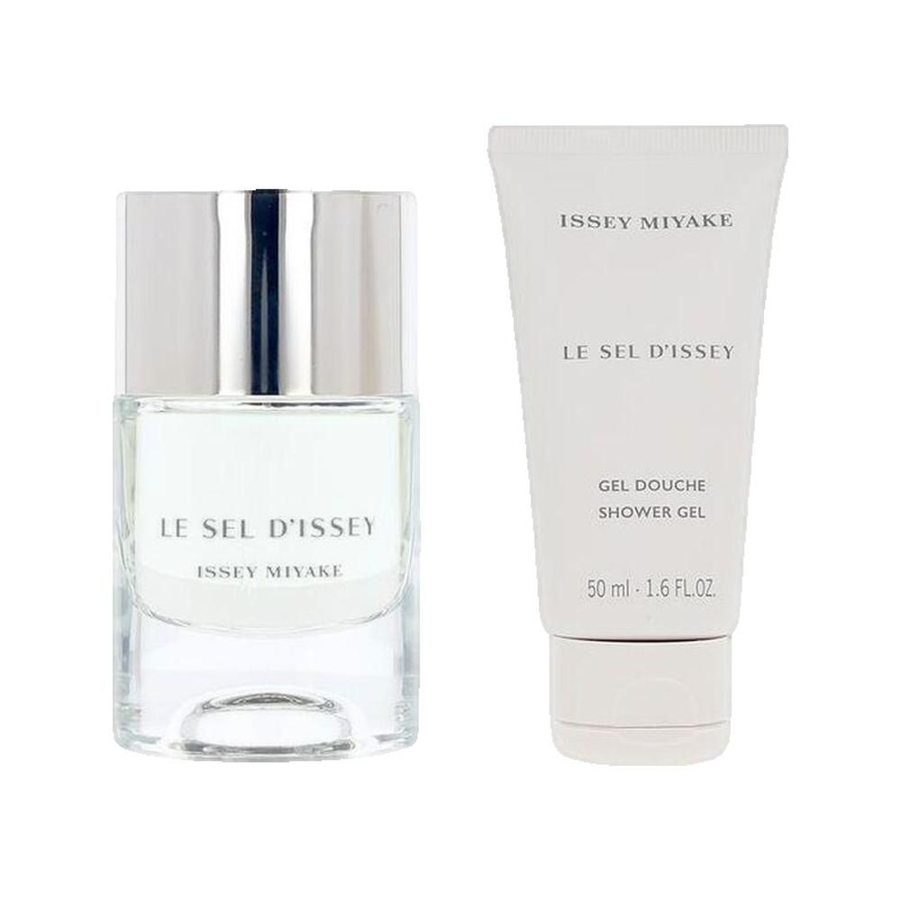 Flakon und Tube. Flakon mit silberfarbenem Deckel. Tube mit Aufschrift ISSEY MIYAKE, LE SEL D'ISSEY, Gel Douche, Shower Gel.