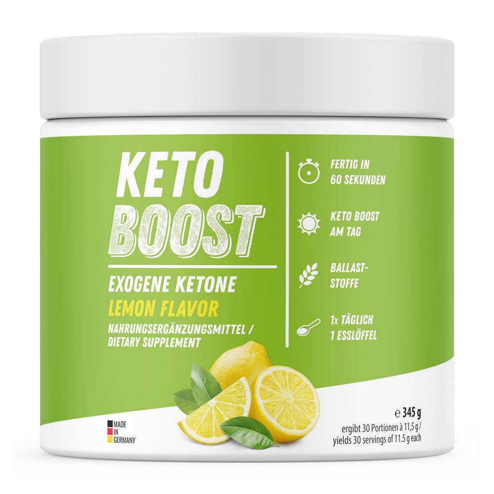 Weißes Produktglas mit grünem Etikett. Aufschrift: KETO BOOST, Lemon Flavor. Abbildung von Zitronen. Hergestellt in Deutschland.