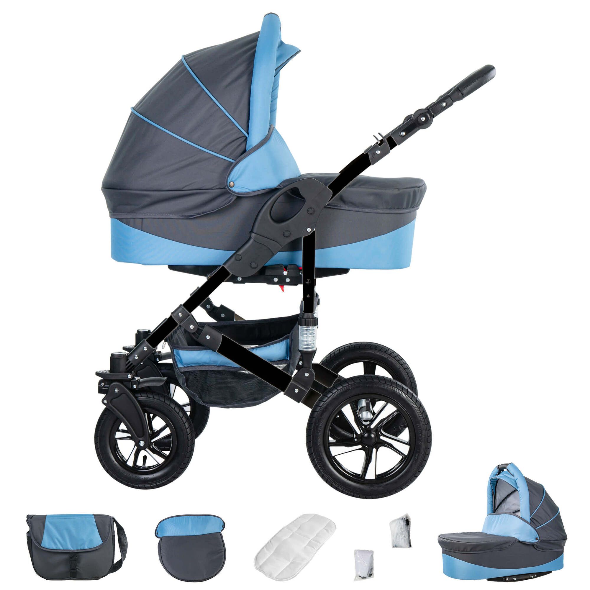 Friedrich Hugo Münster 3 in 1 Kinderwagen Set Luftreifen, Grey & Babyblue