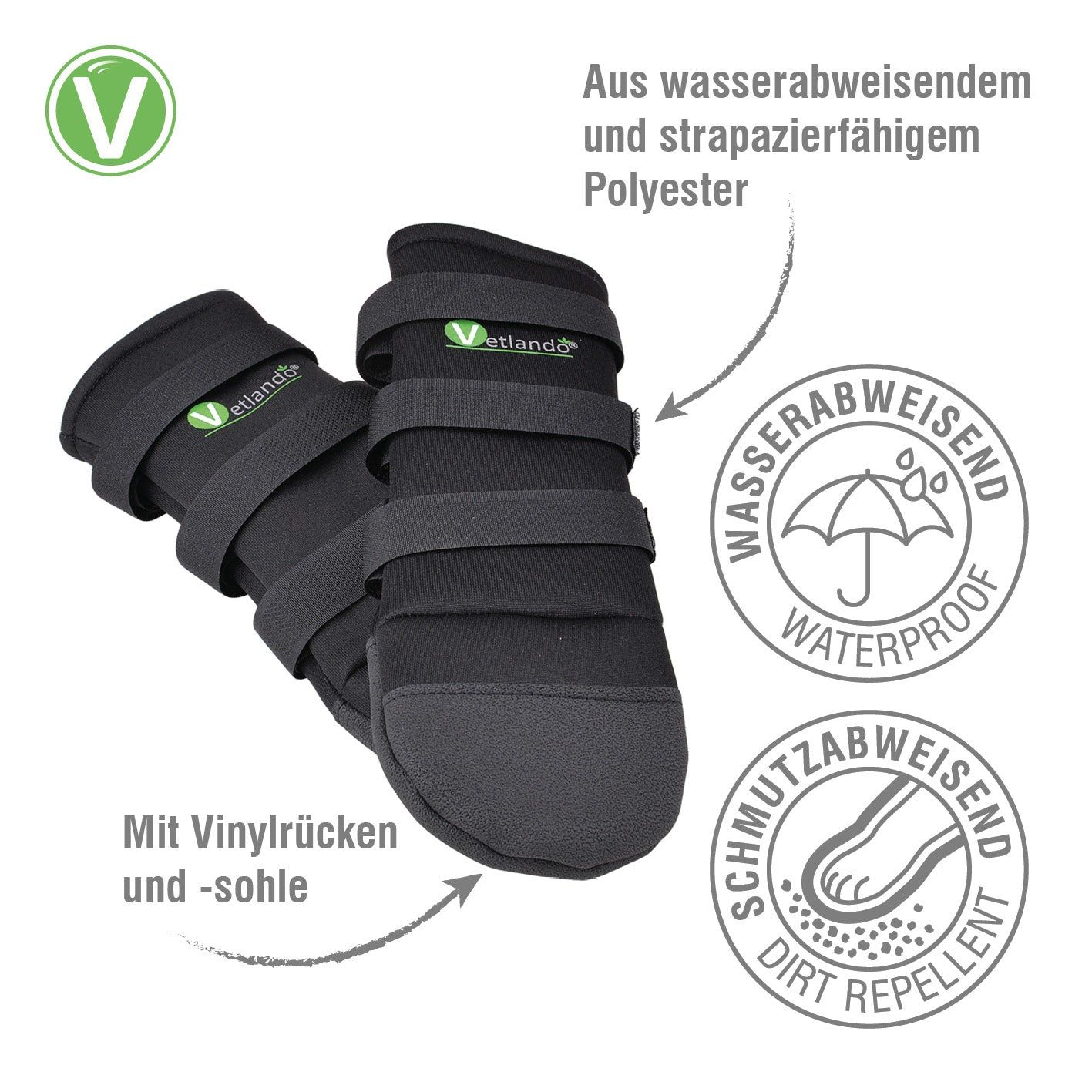 Zwei schwarze Pfotenschutzschuhe mit Klettverschlüssen. Text: 'Aus wasserabweisendem und strapazierfähigem Polyester'.