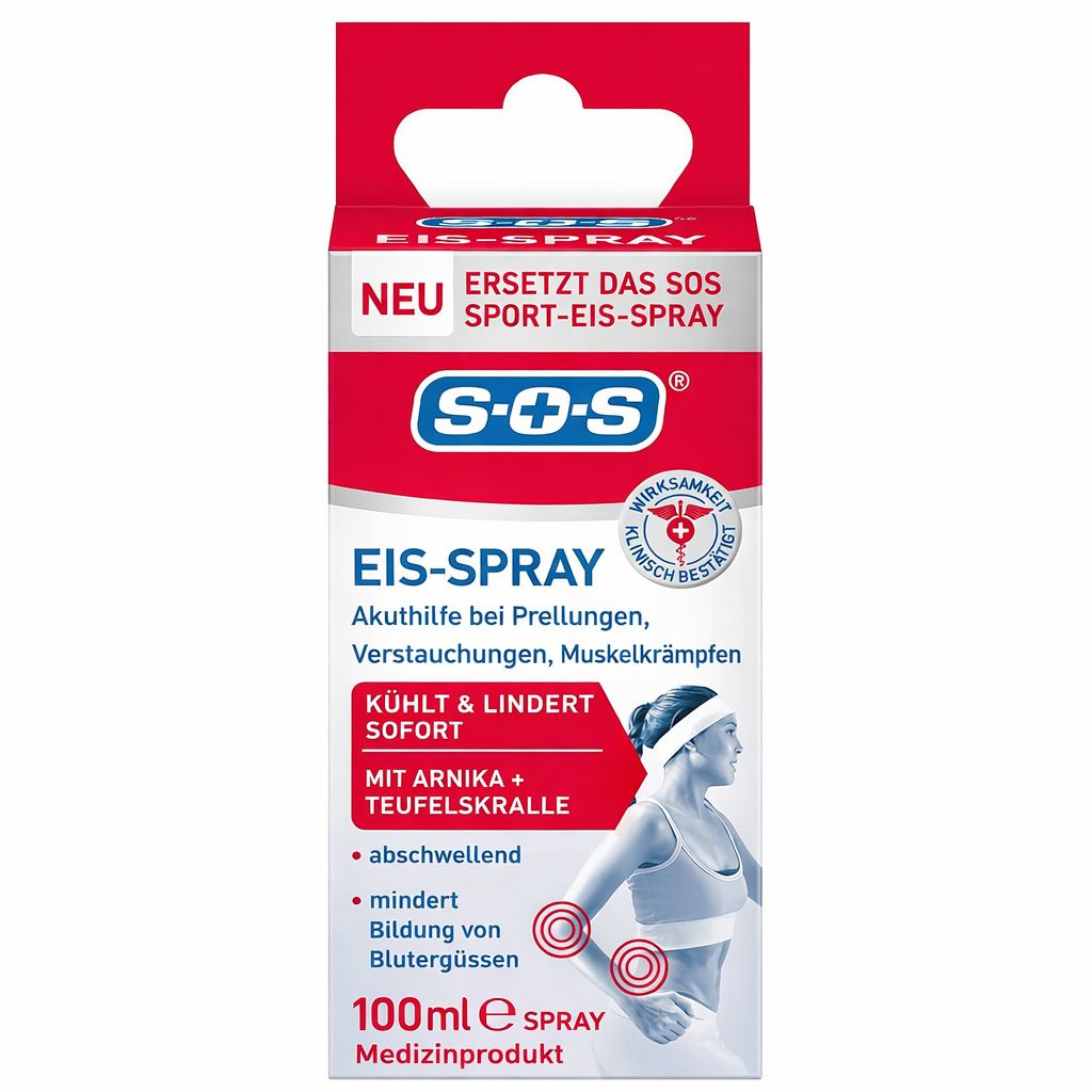 SOS Eis-Spray. Rote Verpackung mit Produktinformationen. Text: Akuthilfe bei Prellungen, Verstauchungen, Muskelkrämpfen. Kühlt & lindert sofort. 100ml.