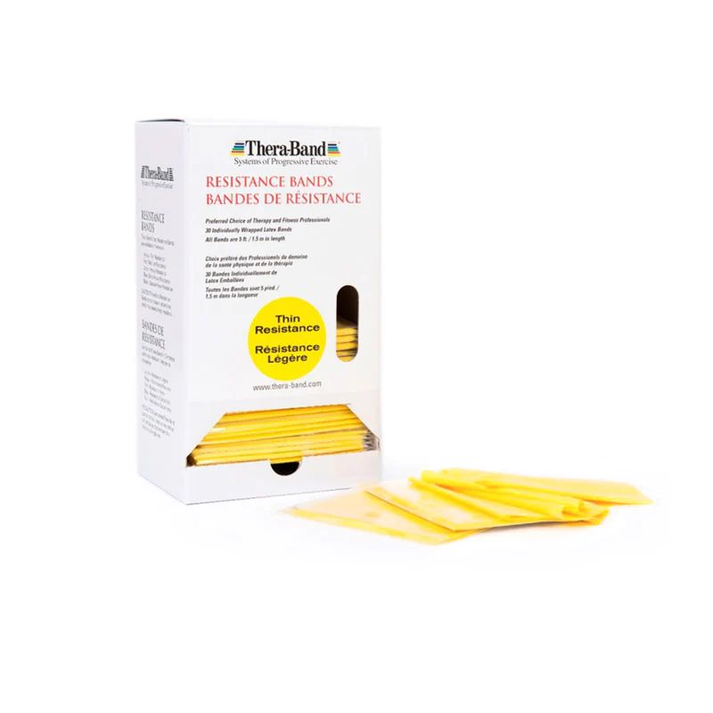 TheraBand Dispenser mit gelben Widerstandsbändern. Verpackung mit Produktinformationen. Einige Bänder liegen daneben.