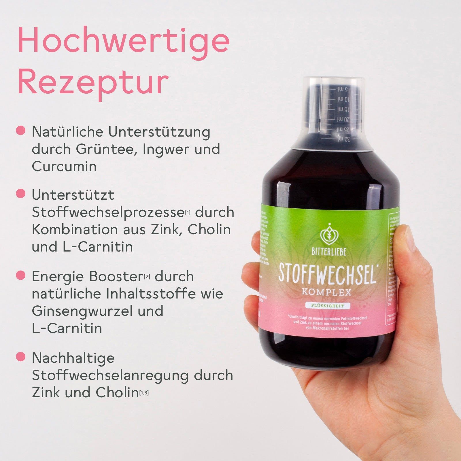 Hand hält eine Flasche BitterLiebe Stoffwechsel Komplex. Grün-rosa Etikett. Messbecher-Deckel. Text und Produktmerkmale.