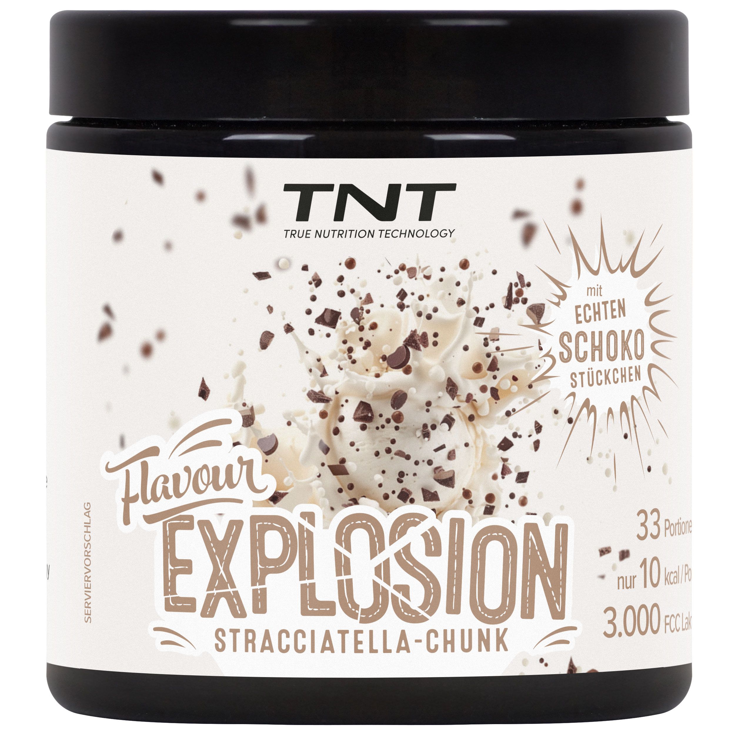 Schwarzes Glas mit TNT Flavour Explosion, Stracciatella-Chunk. Aufschrift: Mit echten Schokostückchen. 33 Portionen, 10 kcal pro Portion.