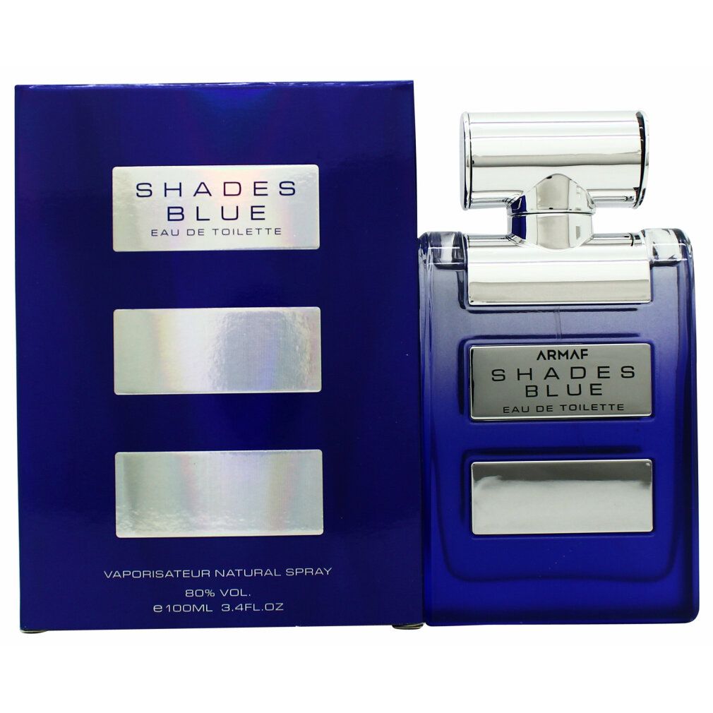 Blaues Eau de Toilette Spray mit Verpackung. Aufschrift: SHADES BLUE, EAU DE TOILETTE. Flakon und Verpackung in Blau.